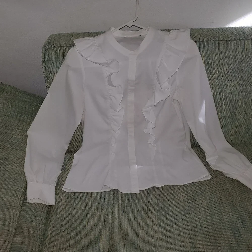 WHITE BLOUSE WITH RUFFLE DETAIL - Picture 1 of 1